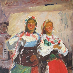 PINTURA ORIGINAL VINTAGE, realismo socialista, gênero, retrato, mulheres ucranianas, óleo sobre papelão, década de 1970, artista ucraniano A. Safargalin