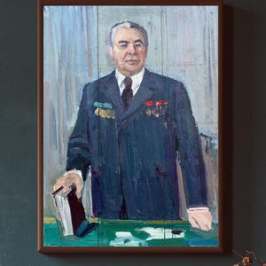 PINTURA VINTAGE, pintura al óleo, realismo vintage, realismo socialista, retrato, retrato de un hombre, retrato de Brezhnev, artista V. Chernikov