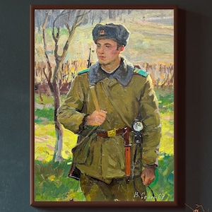 PINTURA VINTAGE, pintura al óleo, realismo socialista, retrato, retrato masculino, retrato de un militar, Guardia de Fronteras, artista V. Sevec