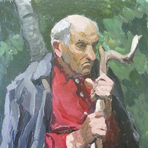 PINTURA ORIGINAL VINTAGE, pintura al óleo, realismo socialista, género, retrato, retrato masculino, anciano con palo, 1979, artista A. Zhegunov