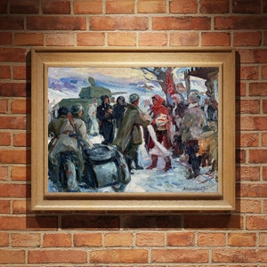 PINTURA VINTAGE, pintura al óleo, realismo vintage, realismo socialista, retrato, género, Encuentro del Ejército Rojo, artista Y. Ocheretko