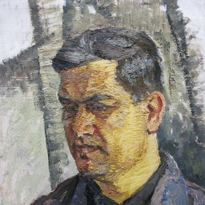 VINTAGE PINTURA ORIGINAL, realismo socialista, género, retrato, hombre, óleo sobre cartón, 1980, artista ucraniano I. Babenko