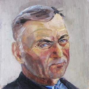 VINTAGE PINTURA ORIGINAL, realismo socialista, género, retrato, hombre serio, óleo sobre cartón, 1963, artista ucraniano I. Babenko