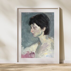 May include: A painting of a person with short dark hair, looking to the side. The person is painted in a realistic style with visible brushstrokes. The background is a light blue color.
