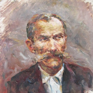 PINTURA ORIGINAL VINTAGE, realismo socialista, retrato, Hombre con bigote, óleo sobre cartón, 1959, artista ucraniano I. Yuklyaevskikh