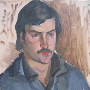 PINTURA ORIGINAL VINTAGE, realismo socialista, género, retrato, Hombre serio, óleo sobre cartón, década de 1990, artista ucraniano Z. Osadtsa