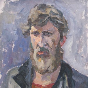 PINTURA ORIGINAL VINTAGE, realismo socialista, género, retrato, Hombre serio, óleo sobre cartón, década de 1990, artista ucraniano Z. Osadtsa