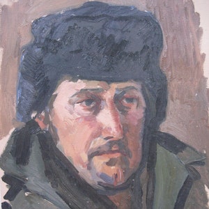PINTURA ORIGINAL VINTAGE, realismo socialista, género, retrato, Hombre serio, óleo sobre cartón, década de 1990, artista ucraniano Z. Osadtsa