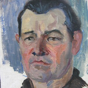 PINTURA ORIGINAL VINTAGE, realismo socialista, género, retrato, Hombre serio, óleo sobre cartón, década de 1990, artista ucraniano Z. Osadtsa