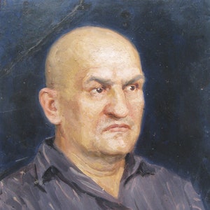VINTAGE PINTURA ORIGINAL, realismo socialista, género, retrato, hombre serio, óleo sobre cartón, 1960, artista ucraniano I. Babenko
