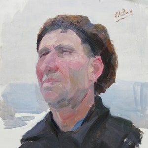 VINTAGE PINTURA ORIGINAL, realismo socialista, género, retrato, hombre en una tapa, óleo sobre cartón, 1970, artista ucraniano E. Levin