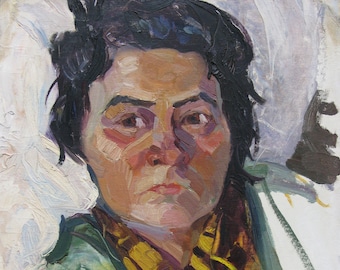 VINTAGE ORIGINAL PAINTING, socialist realism, genre, portrait, Woman with a scarf, oil on cardboard, 1980s, Ukrainian artist I. Babenko