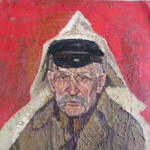 VINTAGE PINTURA ORIGINAL, realismo socialista, género, retrato, hombre viejo, óleo sobre cartón, 1980, artista ucraniano Y. Lyubavin