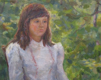 VINTAGE ORIGINAL PAINTING, oil on canvas, by Ukrainian artist E. N. Yablonskaya "Girl with a Dog", socialist realism