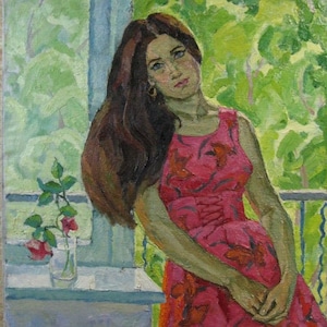 VINTAGE ORIGINAL PAINTING, oil on canvas, painted in 1972 by Ukrainian  artist Kostenko Z.F. “Tanyusha. At the window”, socialist realism