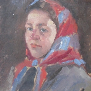 VINTAGE ORIGINAL PAINTING, socialist realism, portrait painting &quot;Girl in a Scarf&quot;, oil on cardboard,  1960 by Ukrainian artist N. Kizenko