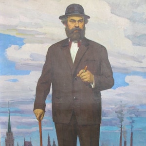 VINTAGE ORIGINAL PAINTING, socialist realism, vintage, realism, portrait, male portrait, Karl Marx, 1973, artist F. Samusev