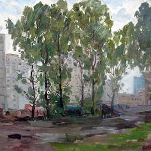 VINTAGE ORIGINAL PAINTING, landscape, cityscape "Chernivtsi", oil on canvas, painted in the 1970s by Ukrainian artist N. Bondarenko