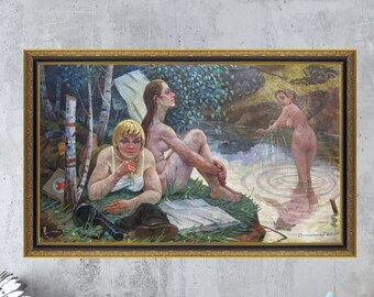 TABLEAU VINTAGE, peinture à l'huile, réalisme vintage, réalisme socialiste, portrait, genre, loisirs, artiste R. Skulbashevsky