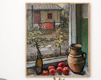 Original painting, ukrainian painting, vintage, wall art, impressionism, landscape, View outside the window, artist V. Patyk