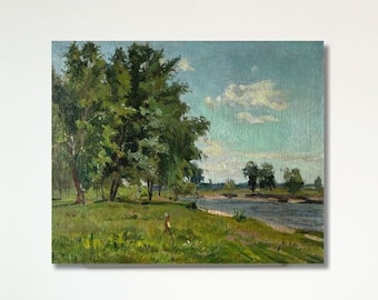 May include: A painting depicting a river scene with a solitary figure walking along the riverbank. The river is in the foreground, with trees lining both sides. The sky is blue with white clouds.