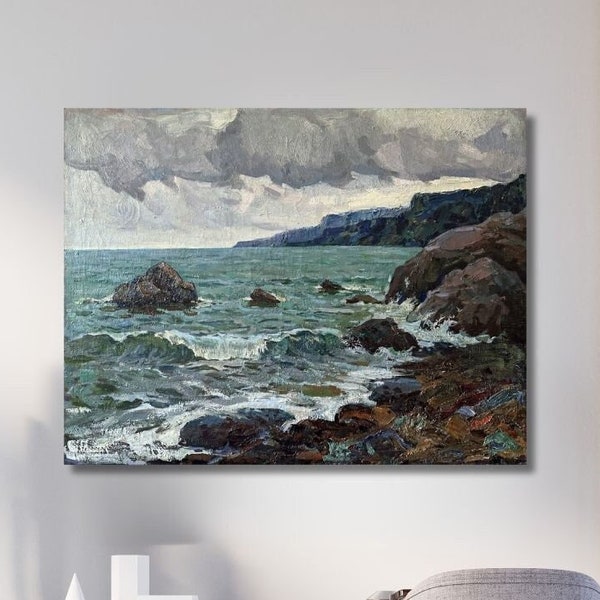 Vintage original painting, ukrainian painting, vintage wall painting, impressionism, landscape seascape, Rocky coast, artist G. Ruban