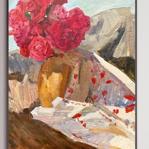 PINTURA VINTAGE, pintura al óleo, realismo vintage, realismo socialista, impresionismo, naturaleza muerta, ramo de rosas, artista V. Soghoyan