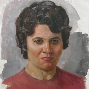 VINTAGE ORIGINAL PAINTING, socialist realism, portrait, Woman in a red sweater, cardboard, oil, 1960s, Ukrainian artist V. Dovgalevskaya