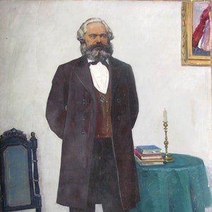 VINTAGE ORIGINAL PAINTING, socialist realism, genre painting, Portrait of Marx, oil on canvas, 1960, Ukrainian artist V. Valigura
