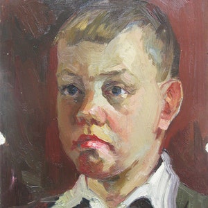 VINTAGE PINTURA ORIGINAL, realismo socialista, retrato, niño, colegial, cartón, óleo, pintura de la década de 1970, artista J. Budnik