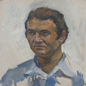 VINTAGE ORIGINAL PAINTING, realismo socialista, retrato, hombre, cartón, óleo, pintado en la década de 1960 por el artista ucraniano P. Bondarenko