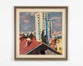 Original painting, vintage, wall art, impressionism, landscape, cityscape, View from the window, artist M. Andriychuk