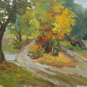 VINTAGE PINTURA ORIGINAL, realismo socialista, paisaje, Carretera en el bosque de cartón, óleo, pintura de la década de 1970, artista J. Budnik