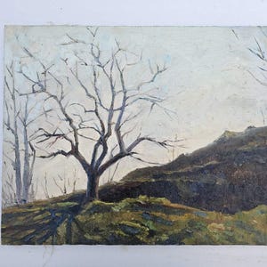 May include: A painting depicting a bare tree in a landscape setting. The tree is in the foreground, with a hill in the background. The sky is a light blue colour, and the ground is a mix of green and brown.
