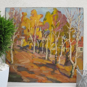 VINTAGE ORIGINAL GEMÄLDE, Ölgemälde, sozialistischer Realismus, Vintage Realismus, Impressionismus, Landschaft, Herbstpark, 1971, Künstler E. Milyar