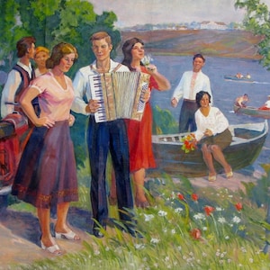 VINTAGE ORIGINAL PAINTING, socialist realism, genre painting, Rest of youth, oil on canvas, 1982, Ukrainian artist P. Parhet