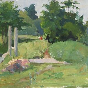 VINTAGE PINTURA ORIGINAL, realismo socialista, paisaje, puente sobre el río, cartón, óleo, pintura de la década de 1970, artista Yu. Budnik