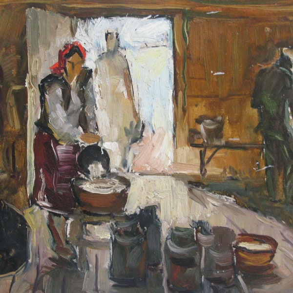 VINTAGE ORIGINAL GEMÄLDE, sozialistischer Realismus, Genre, Heimarbeit, Öl auf Karton, 1990er Jahre, ukrainischer Künstler Z. Osadtsa