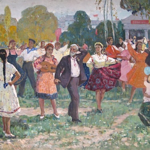 VINTAGE ORIGINAL PAINTING, socialist realism, genre painting, On holiday, oil on canvas, 1967, by Ukrainian artist I. Logvin