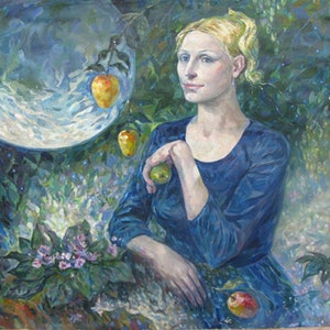 VINTAGE ORIGINAL PAINTING, socialist realism, portrait "Moonlight", oil on canvas, 1970, by Ukrainian artist Malagovets