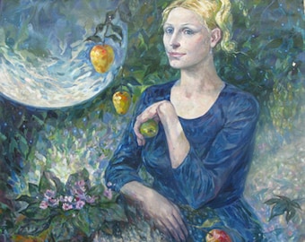 VINTAGE ORIGINAL PAINTING, socialist realism, portrait "Moonlight", oil on canvas, 1970, by Ukrainian artist Malagovets