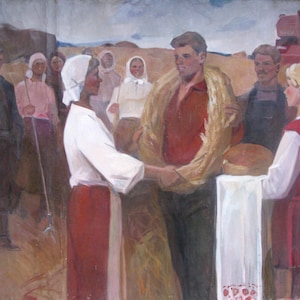 VINTAGE ORIGINAL PAINTING, socialist realism, genre painting, canvas, oil, Harvest Festival, 1970 by Ukrainian artist V. Nikanorov