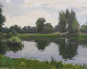 VINTAGE ORIGINAL PAINTING, oil painting, socialist realism, landscape, Forest lake, Quiet backwater, 1985, artist L. Sheludko