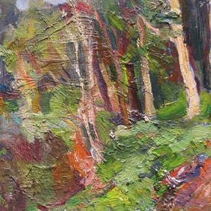 PINTURA ORIGINAL VINTAGE, realismo socialista, género, paisaje, Árboles junto al estanque, óleo sobre cartón, 1969, artista ucraniano Y. Lyubavin