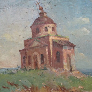 VINTAGE ORIGINAL PAINTING, socialist realism, architecture, Church, cardboard, oil, painted in the 1980s by Ukrainian artist A. Ataev
