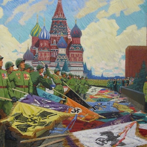 May include: A painting depicting a military parade in Red Square, Moscow. Soldiers in green uniforms march past St. Basil's Cathedral and the Kremlin, carrying flags of various colors and designs.