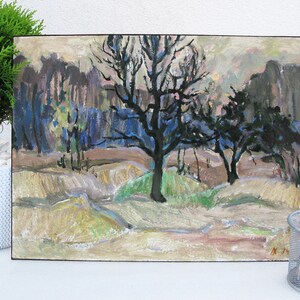 VINTAGE ORIGINAL GEMÄLDE, sozialistischer Realismus, Ölmalerei, Vintage Realismus, Impressionismus, Landschaft, Frühling, 1973, L. Khvedchuk