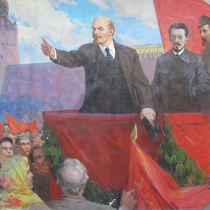 VINTAGE ORIGINAL PAINTING, socialist realism, genre painting, Lenin&#39;s performance, oil on canvas, 1972, Ukrainian artist G. Vasyagin