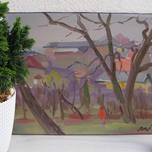 VINTAGE ORIGINAL GEMÄLDE, Vintage Realismus, Sozialer Realismus, Impressionismus, Ölgemälde, Landschaft, Frühling, 1961, Künstler K. Yakubek