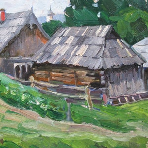 PINTURA ORIGINAL VINTAGE, realismo socialista, paisagem, Casa na aldeia, óleo sobre papelão, 1967, artista ucraniano Yu. Minyaylo